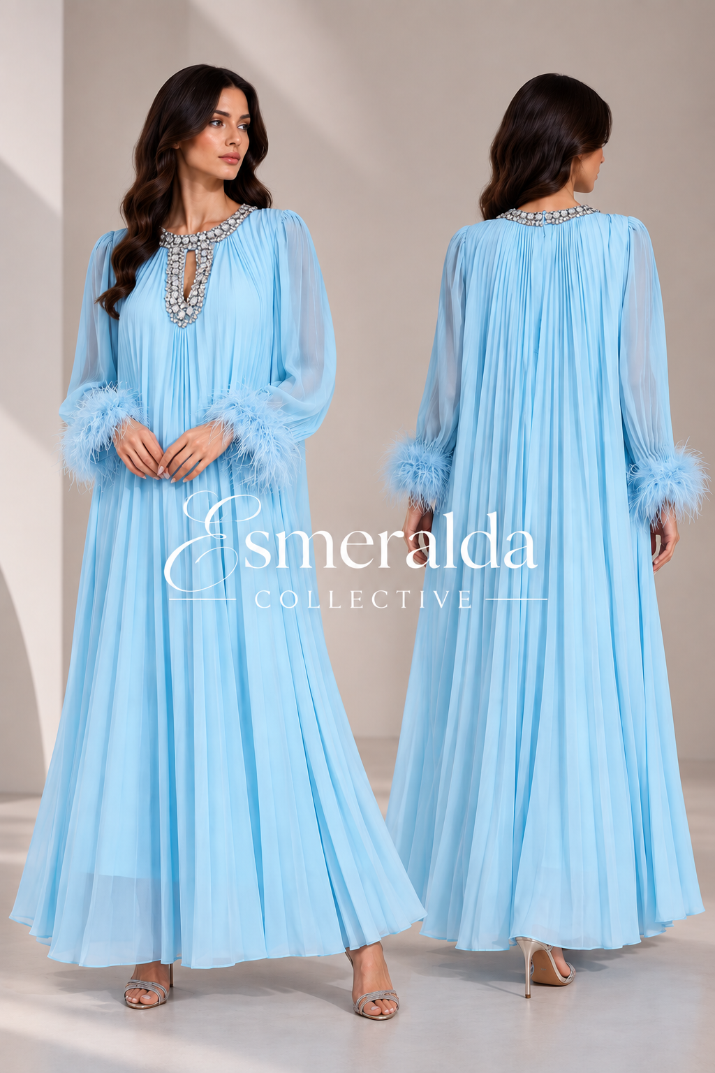 Diamante Feathered Pleated Maxi Chiffon Dress