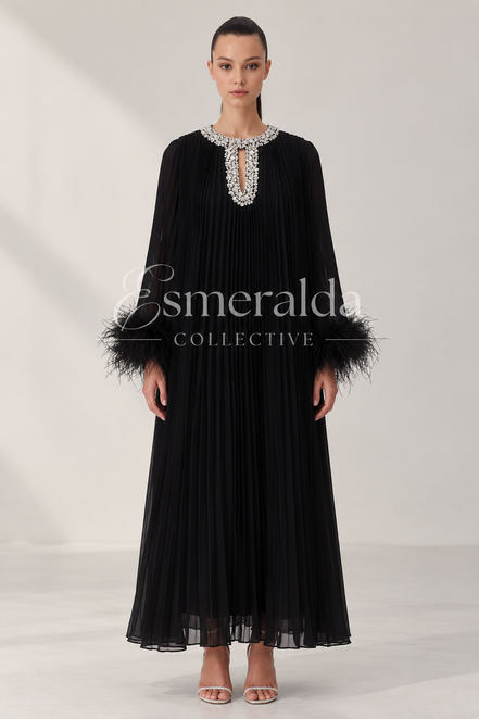 Diamante Feathered Pleated Maxi Chiffon Dress In Black