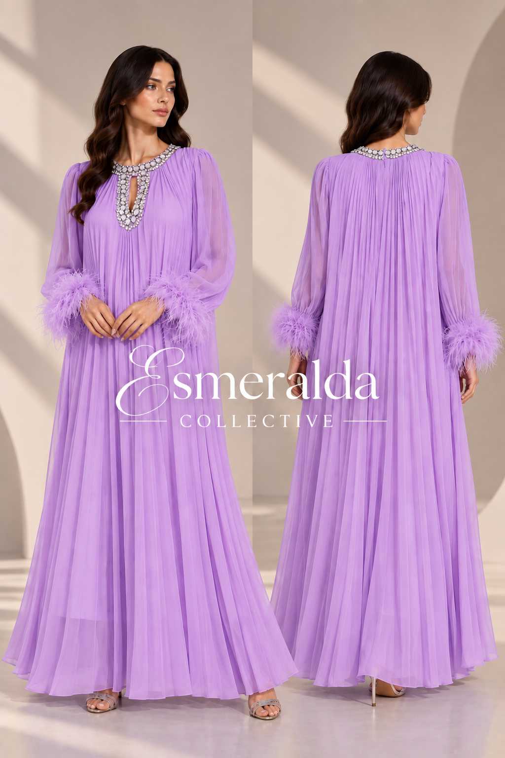 Diamante Feathered Pleated Maxi Chiffon Dress In Lilac