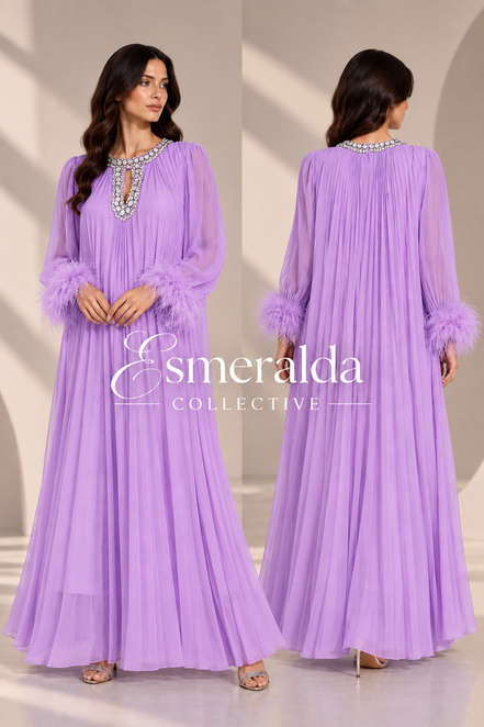 Diamante Feathered Pleated Maxi Chiffon Dress In Lilac