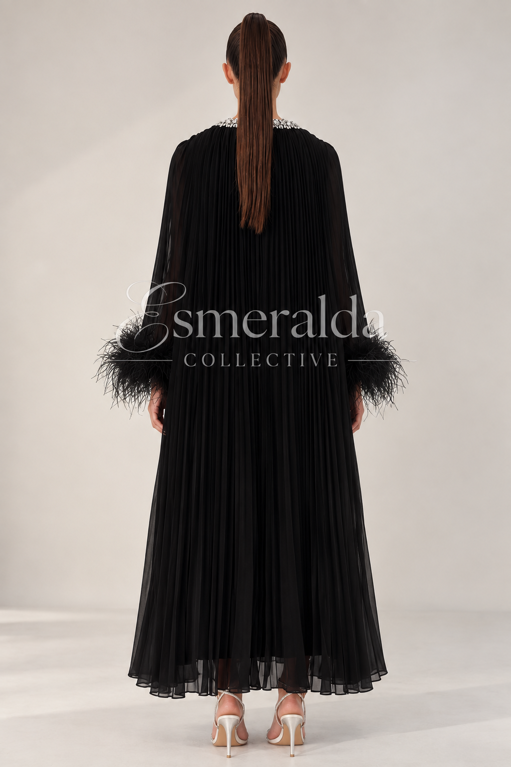 Diamante Feathered Pleated Maxi Chiffon Dress In Black