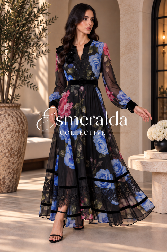 Antique Roses Black Floral Applique Sheer Sleeve Maxi Dress