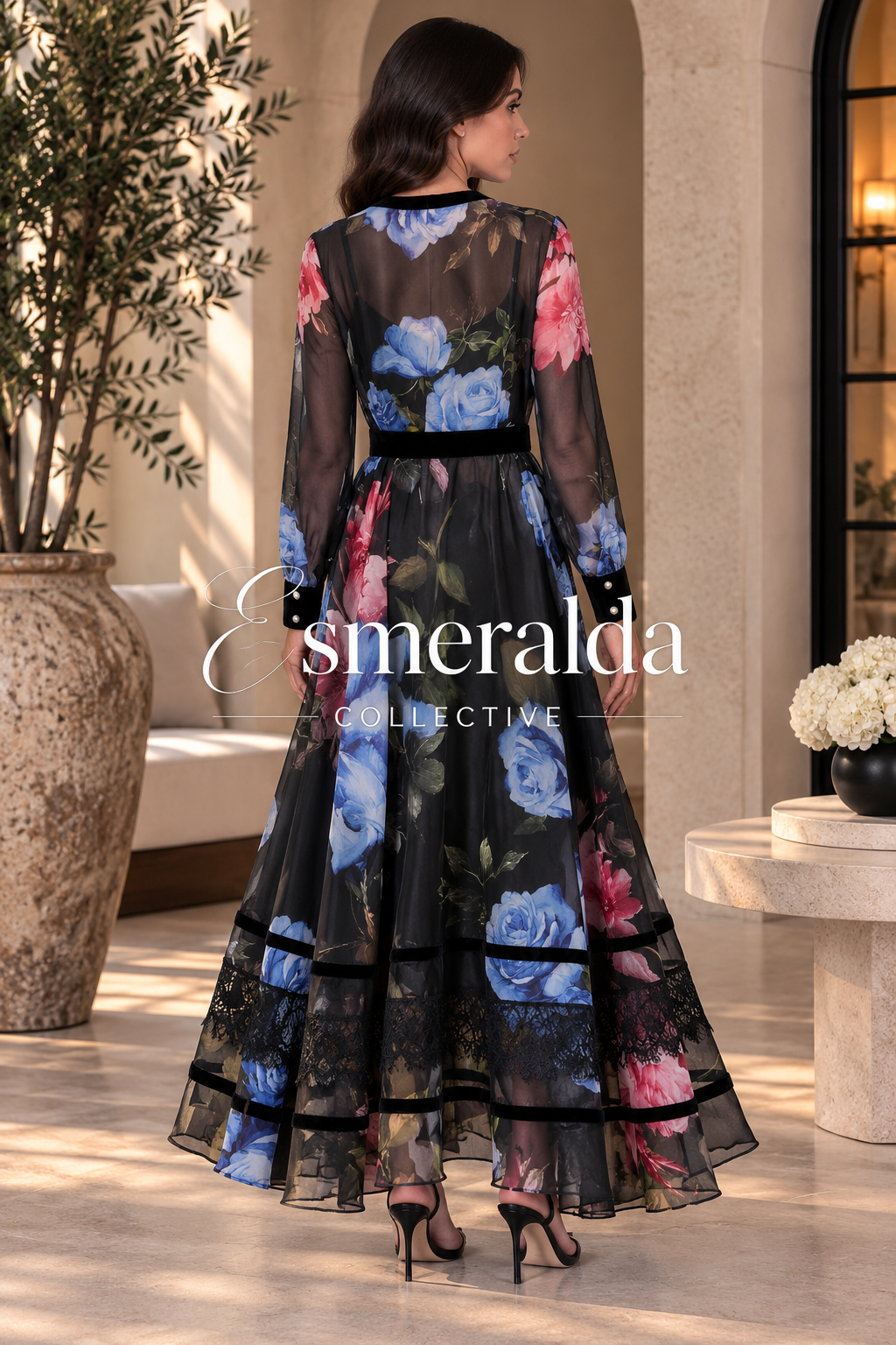 Antique Roses Black Floral Applique Sheer Sleeve Maxi Dress