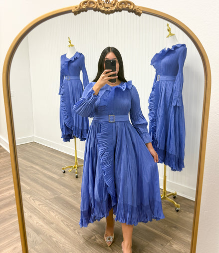 The Pearl Buckle Dress in Royal Periwinkle