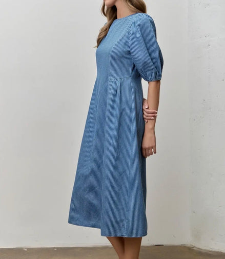 Stripe Bubble Sleeve Midi Dress